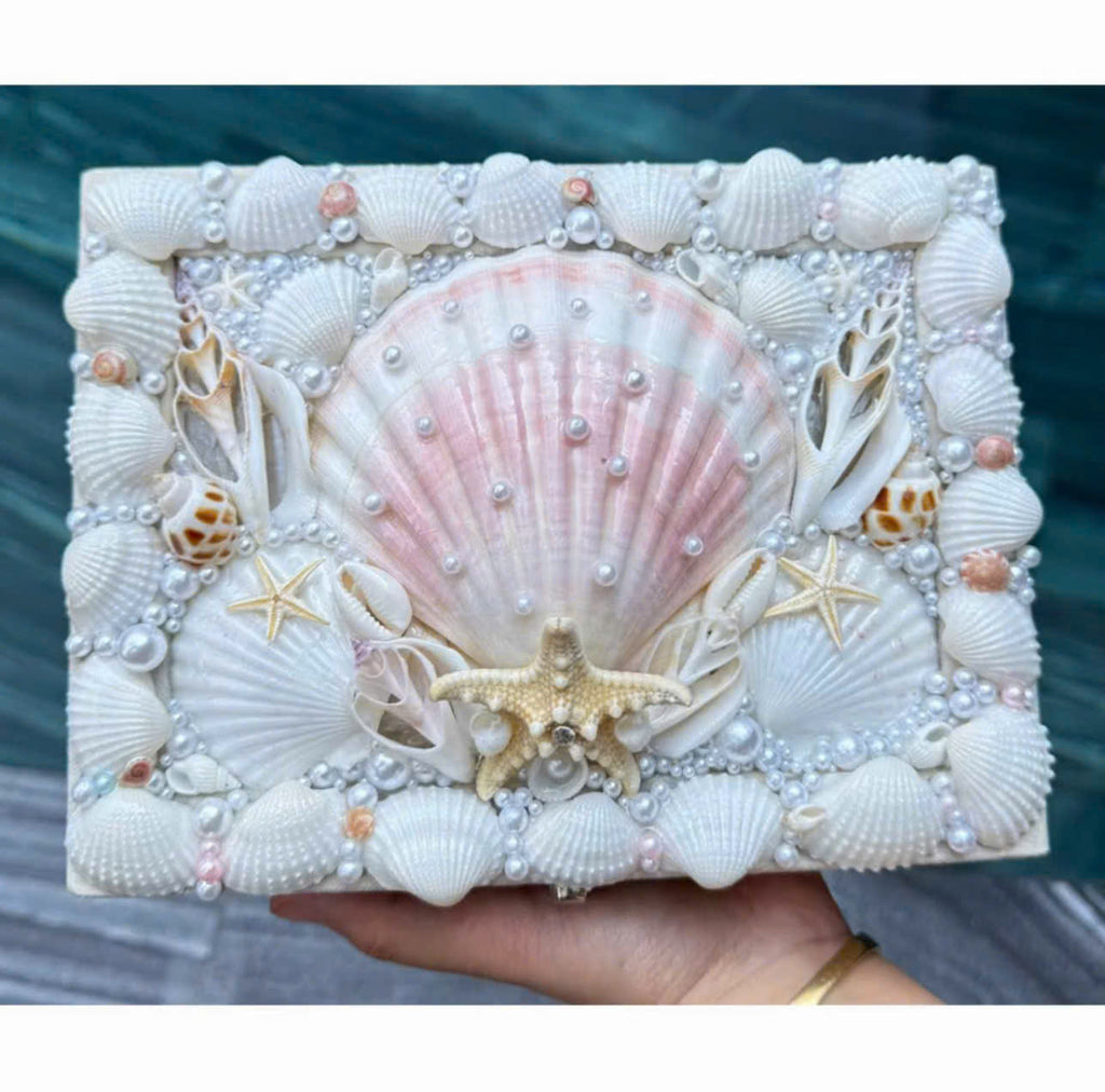 Handmade Seashell Jewelry Box Coastal Makeup & Accessory Organizer with Pearl Details