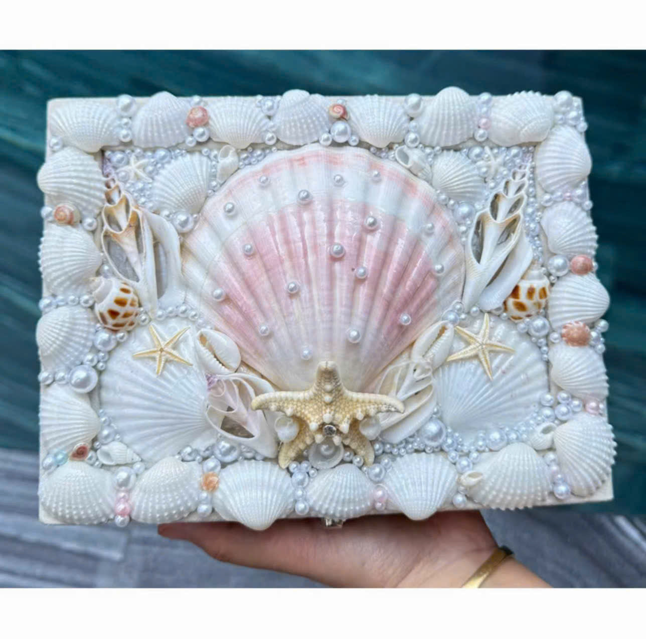 Handmade Seashell Jewelry Box Coastal Makeup & Accessory Organizer with Pearl Details