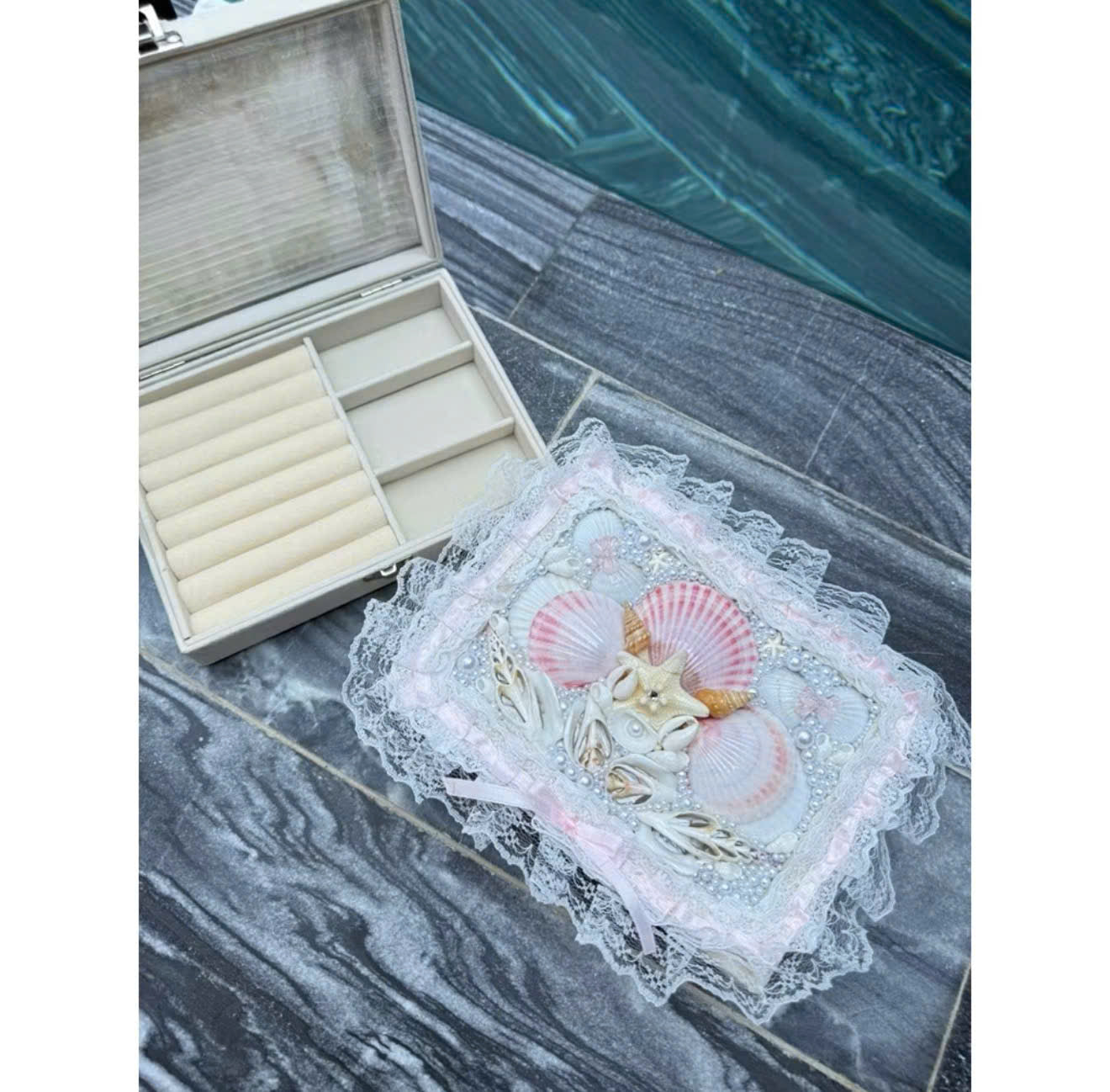 Handmade Seashell Jewelry Box Coastal Makeup & Accessory Organizer with Pearl Details
