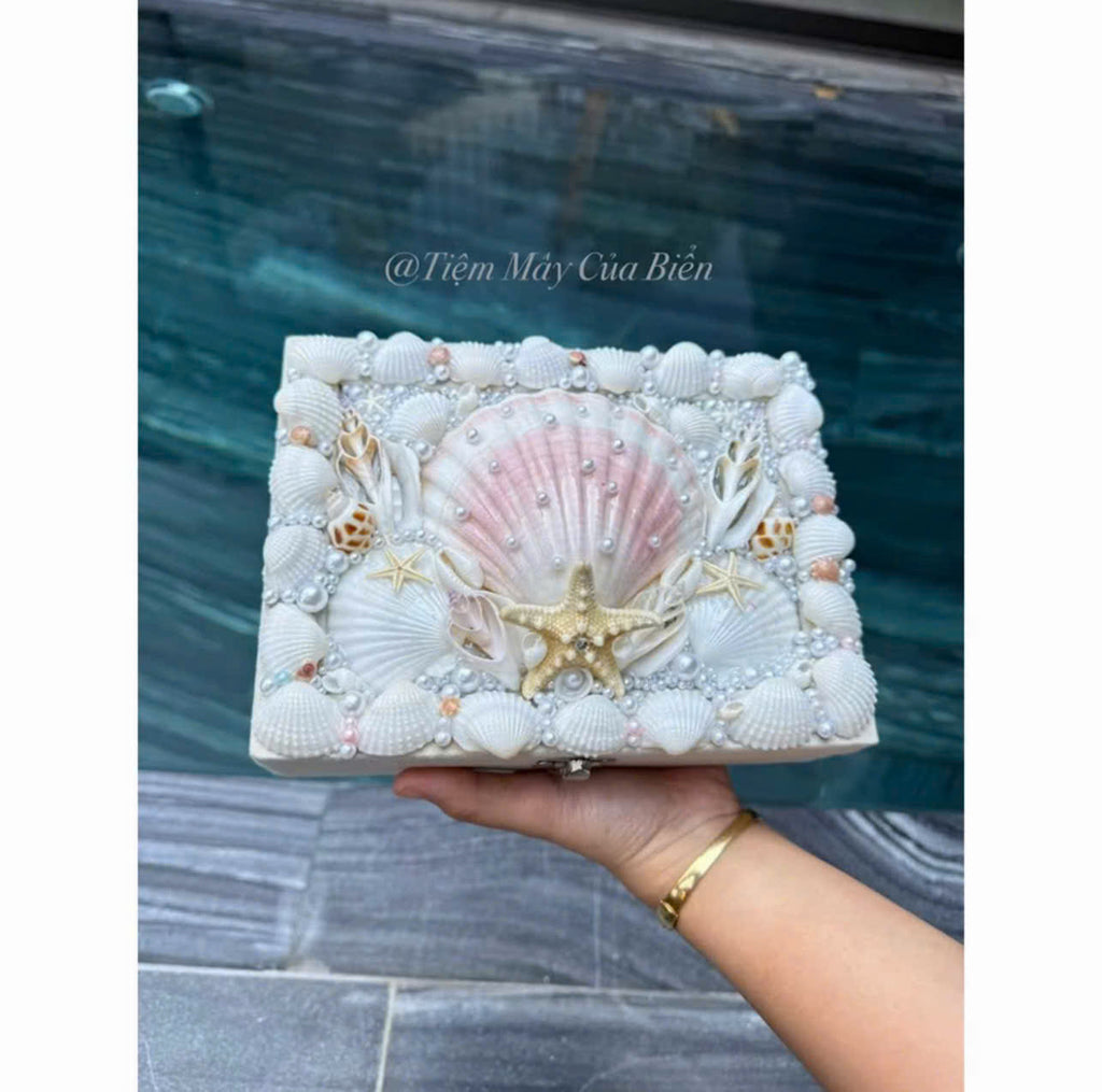 Handmade Seashell Jewelry Box Coastal Makeup & Accessory Organizer with Pearl Details