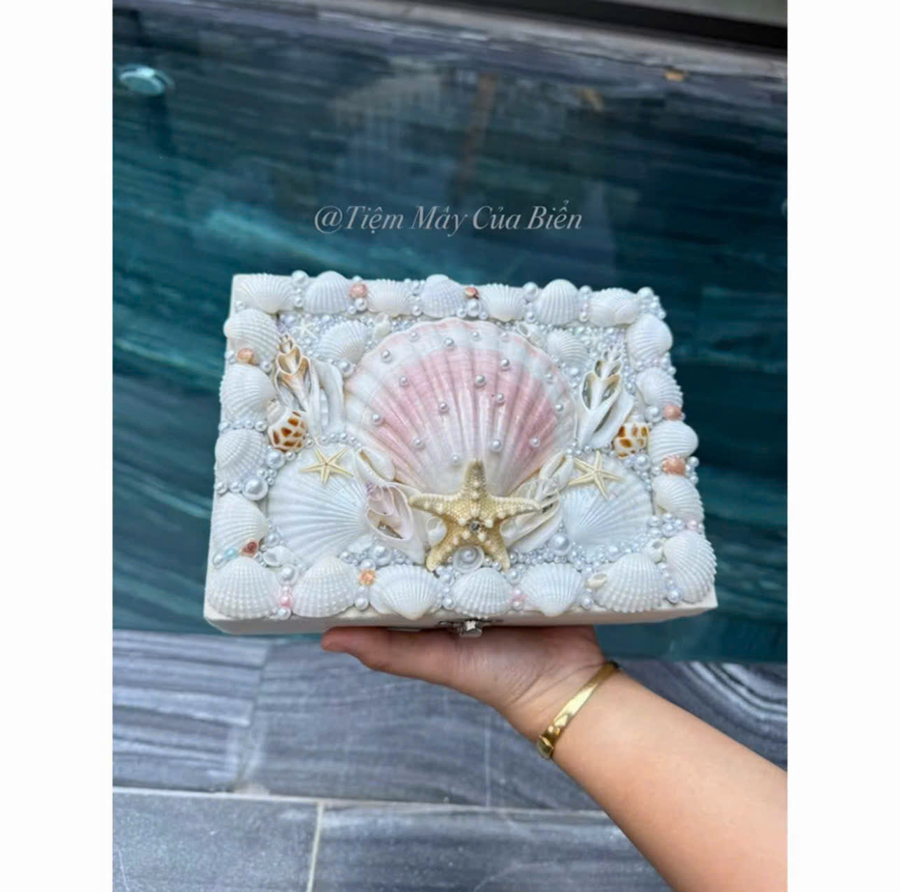 Handmade Seashell Jewelry Box Coastal Makeup & Accessory Organizer with Pearl Details