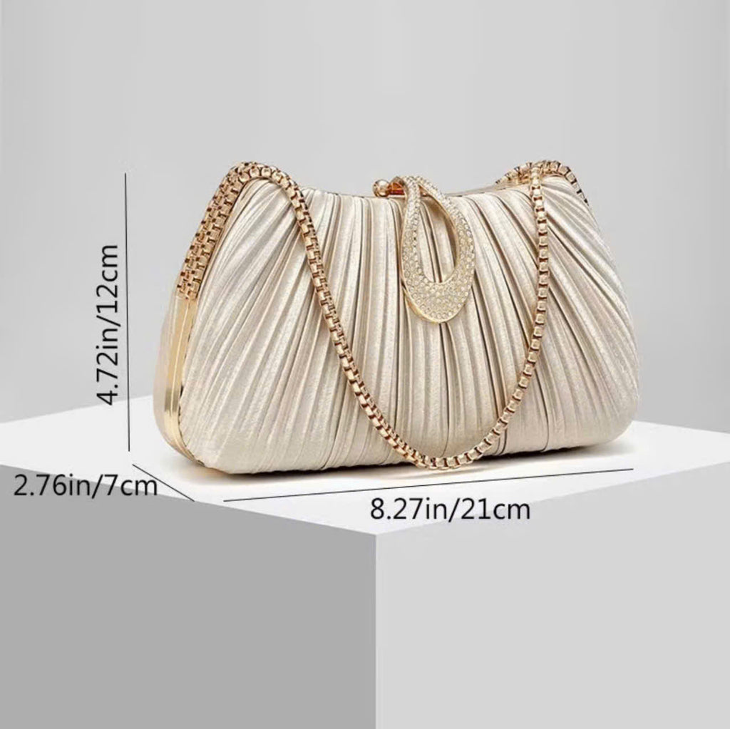 Premium women's party handbag featuring a pleated design and sparkling stone embellishments.