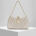 Premium women's party handbag featuring a pleated design and sparkling stone embellishments.